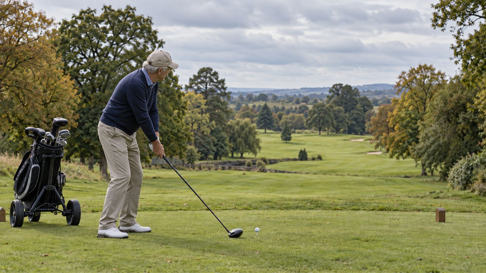 Older golfer looking down the fairway before hitting his first tee shot