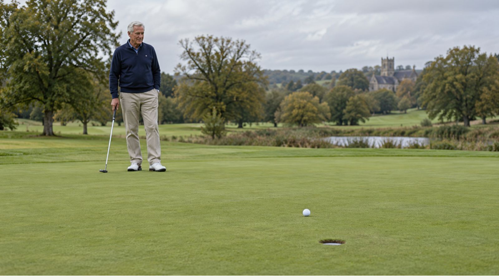 Golf ball finishing close to the hole after a long putt on a UK green