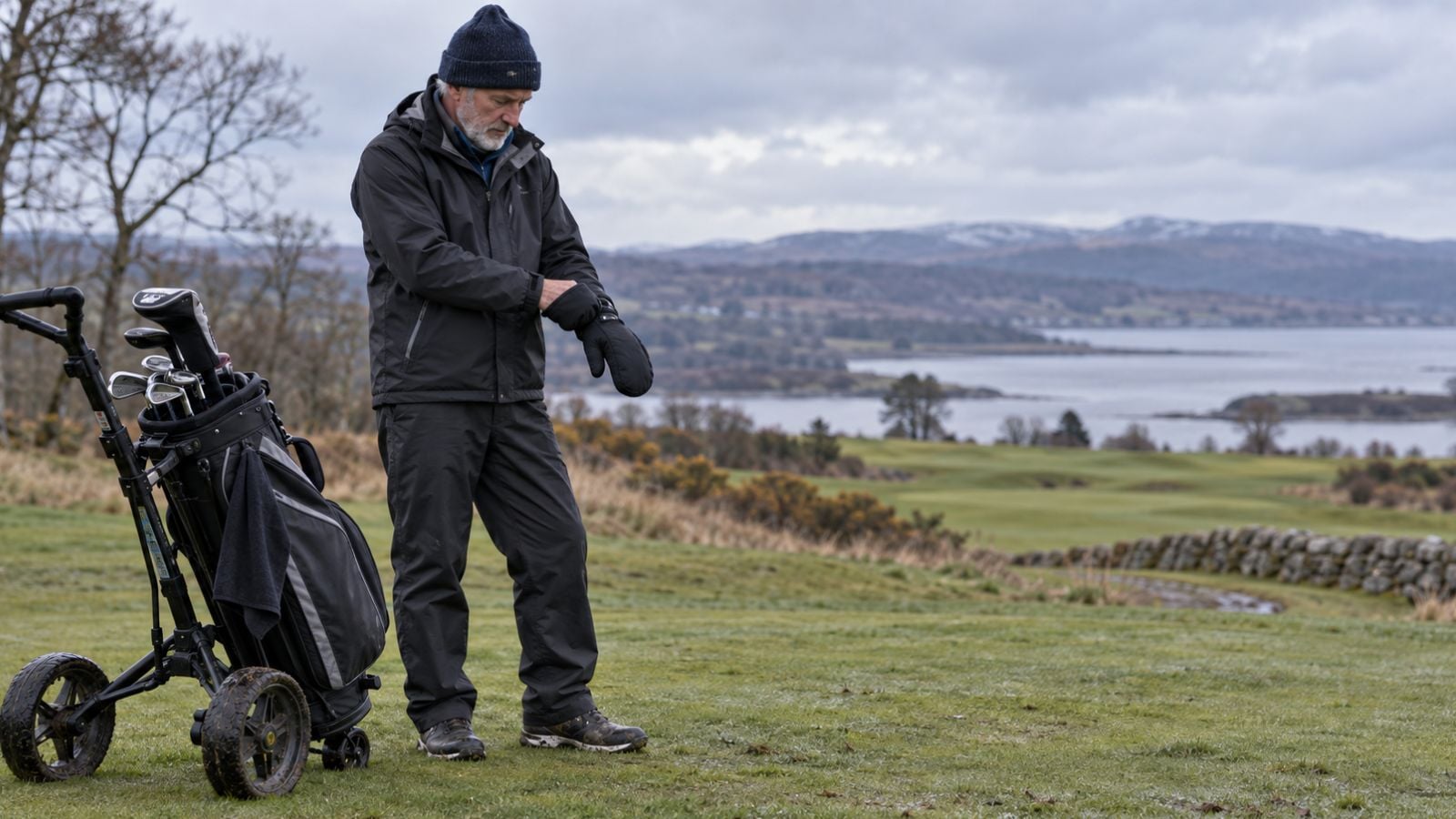 Older golfer putting on warm winter golf mitts on a cold golf course