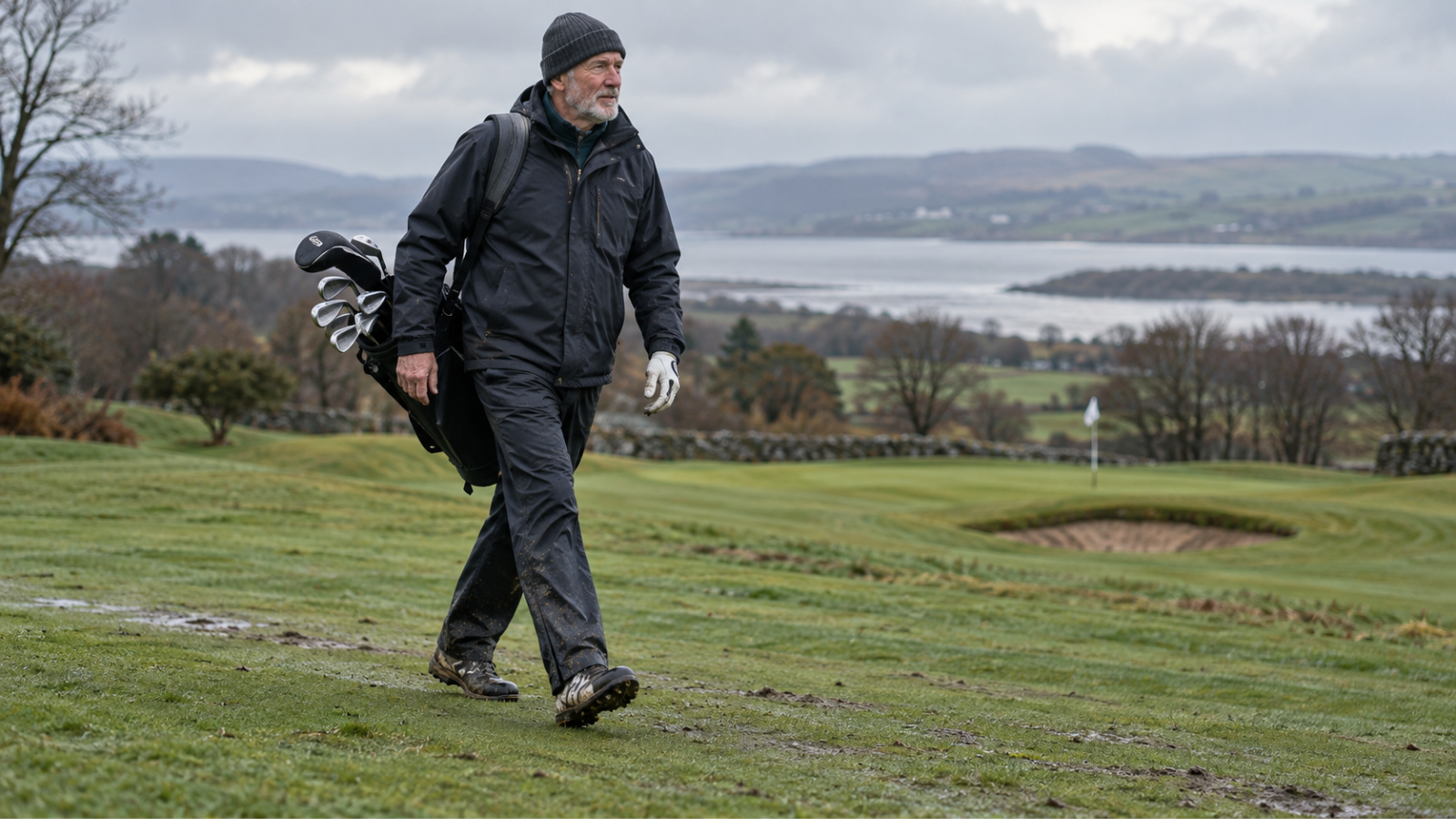 Older golfer walking in waterproof golf shoes on a wet winter fairway