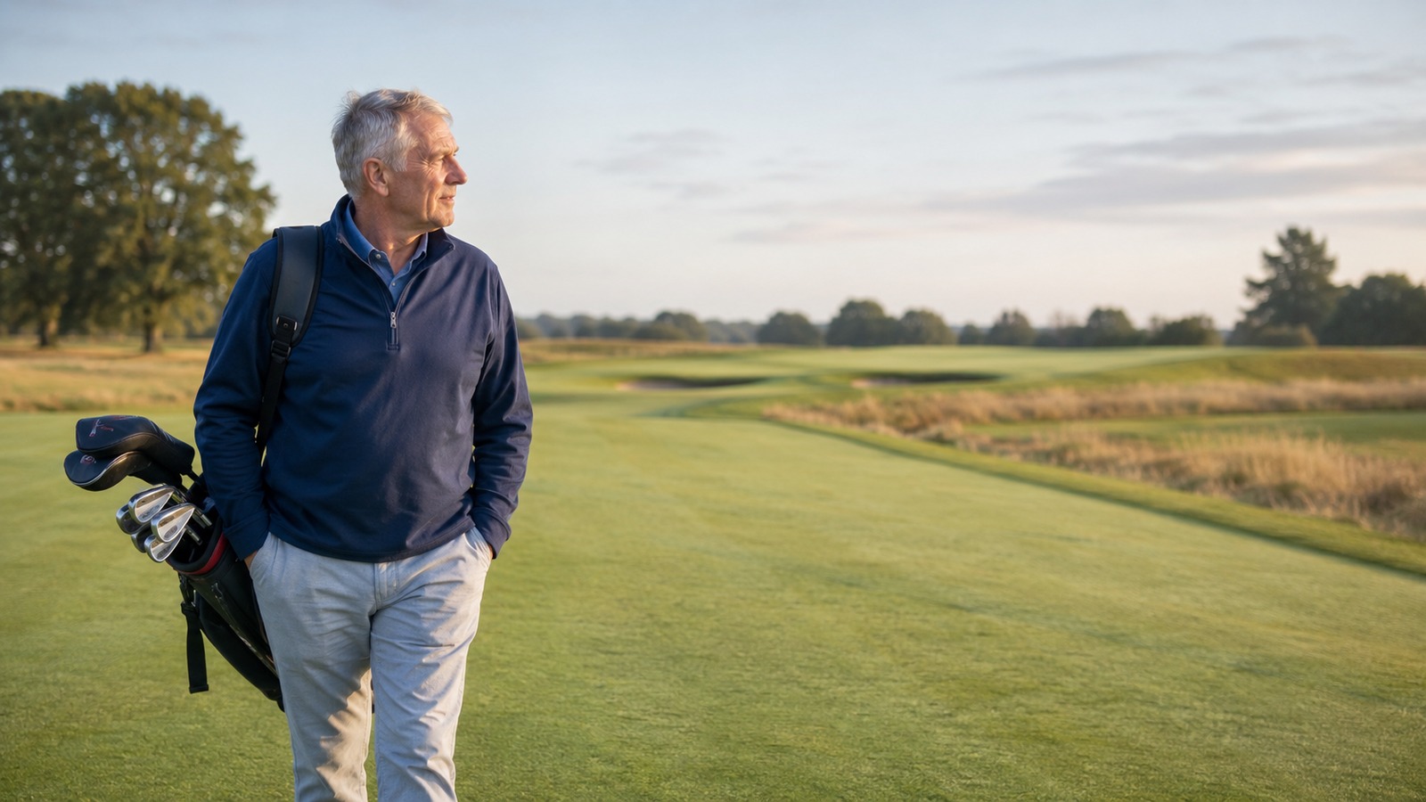 Older golfer in his 60s carrying a lightweight golf bag while walking on a calm UK golf course fairway.