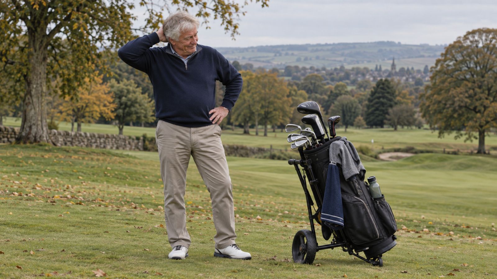Older golfer standing beside a heavy golf bag on a UK golf course