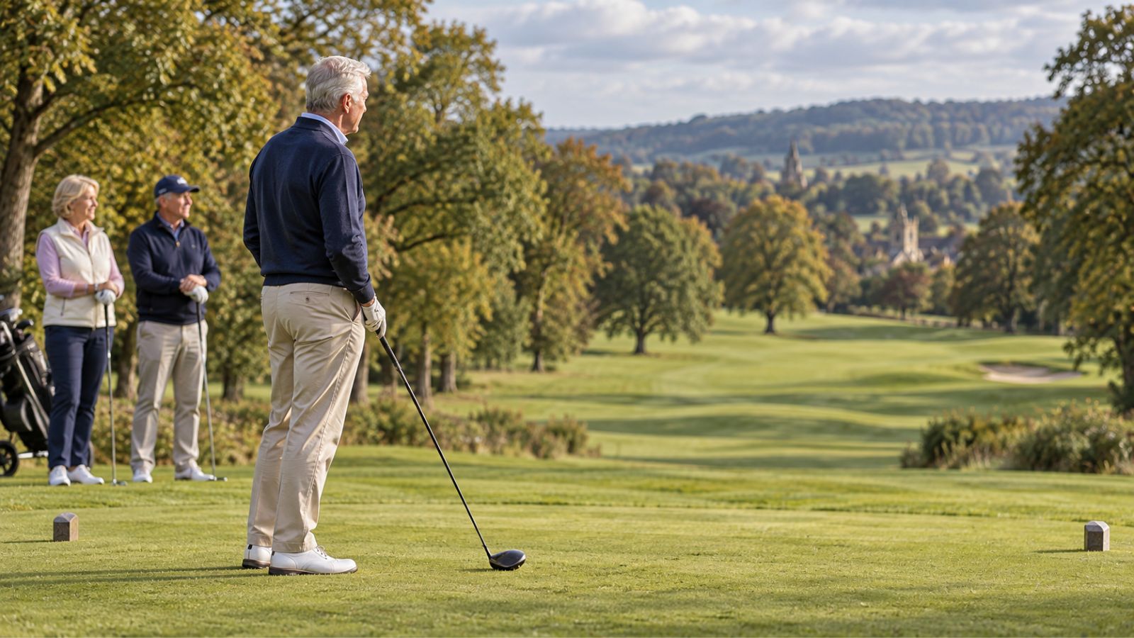 Older golfer standing on the first tee looking down the fairway
