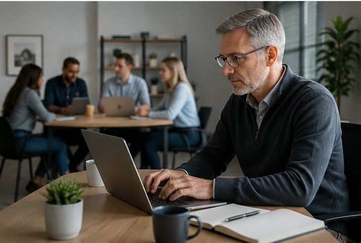 Business owner working strategically while a capable team handles responsibilities across the company.