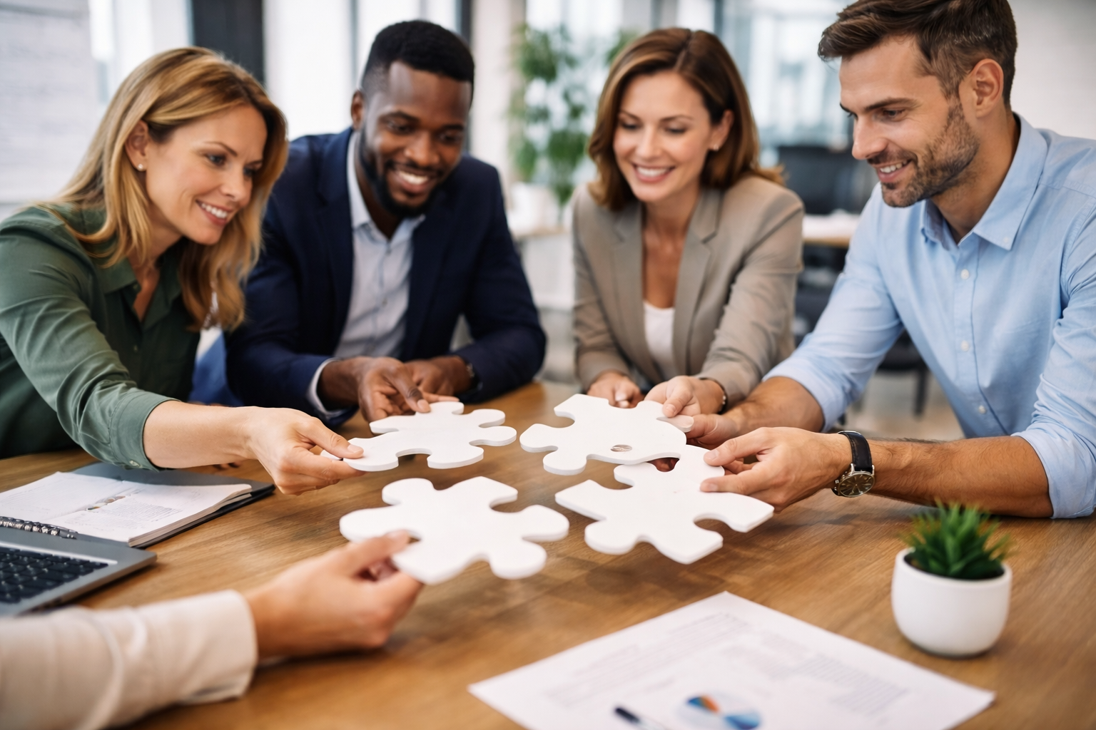 Team working together to solve problems, connect the puzzle pieces, and create alignment in all aspects of their company