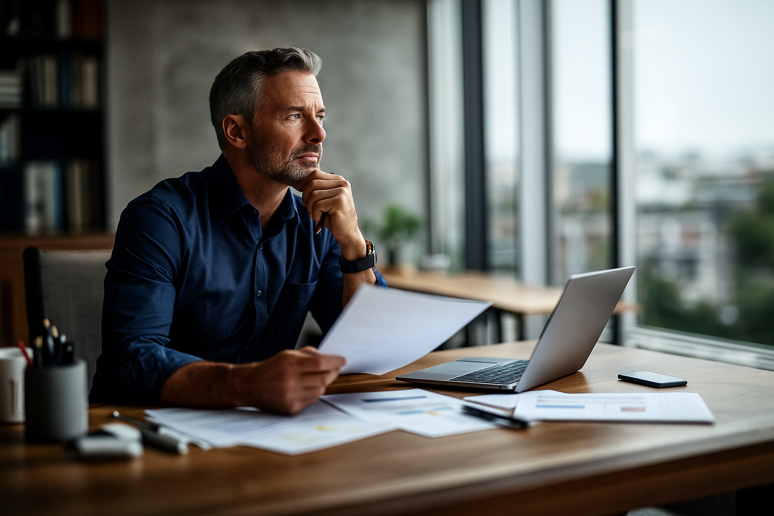 “Service-based business owner in mid-50s sitting at a desk, thoughtfully reviewing documents, considering long-term impact and strategic implications of the year’s results.”