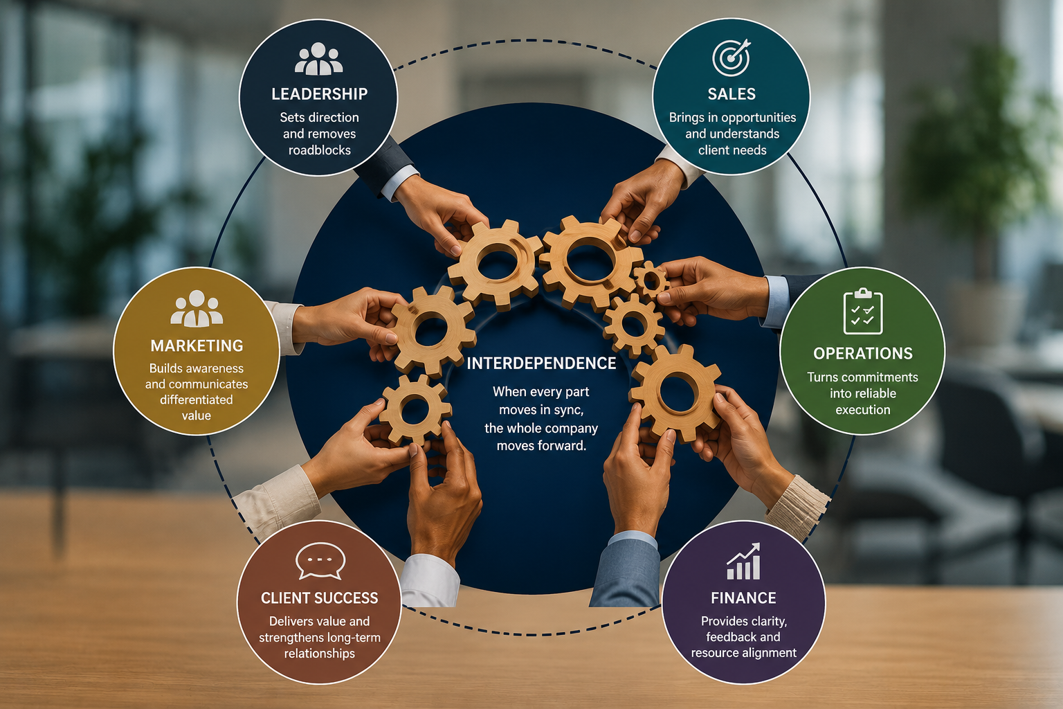 Interdependence of service-based business' six main components.  Stronger businesses coordinate different business functions because they understand one depends on another