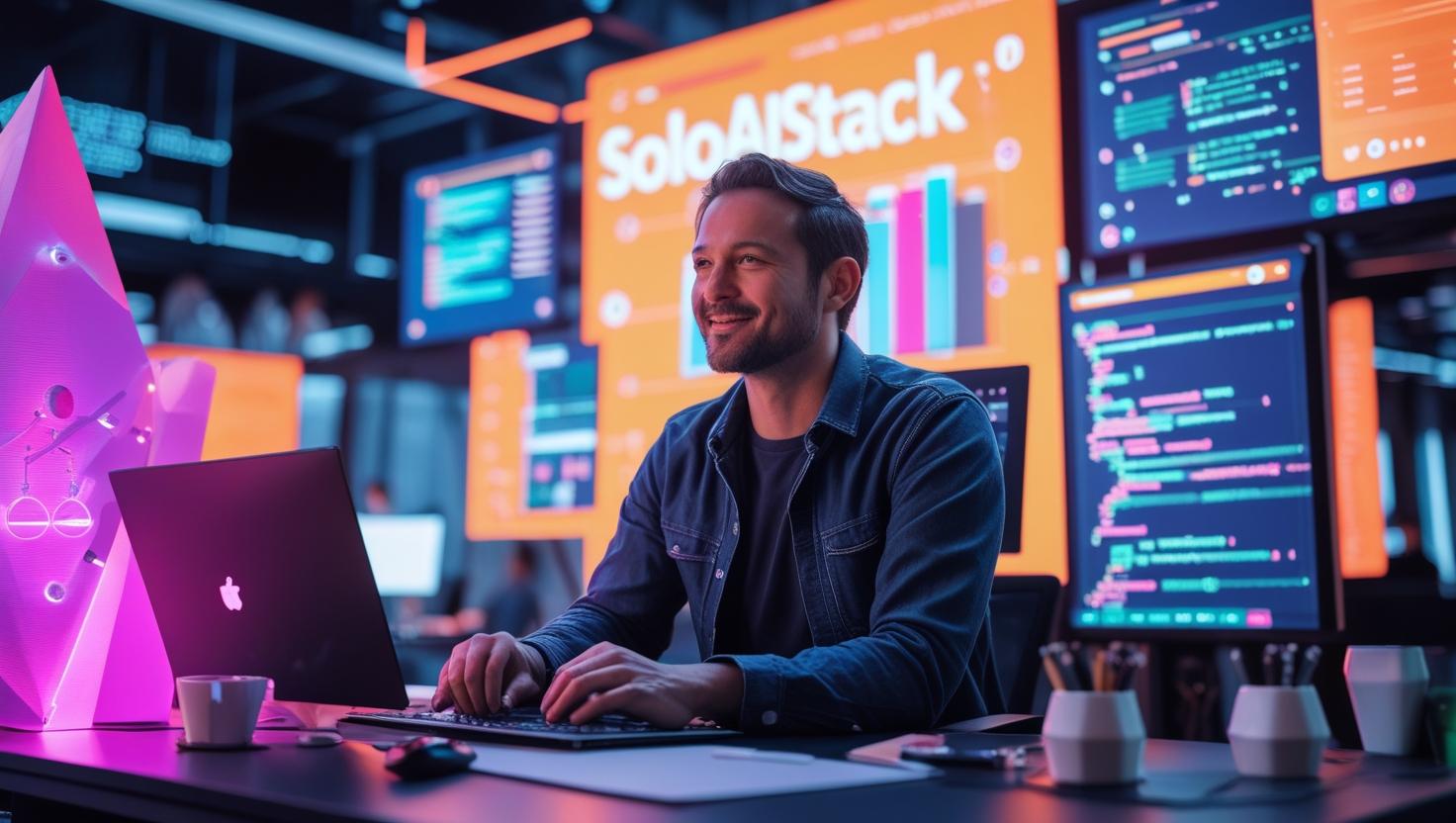 AI-generated image of a futuristic solopreneur surrounded by workflow icons and digital tools in a sleek dark theme, representing automation in Web3.