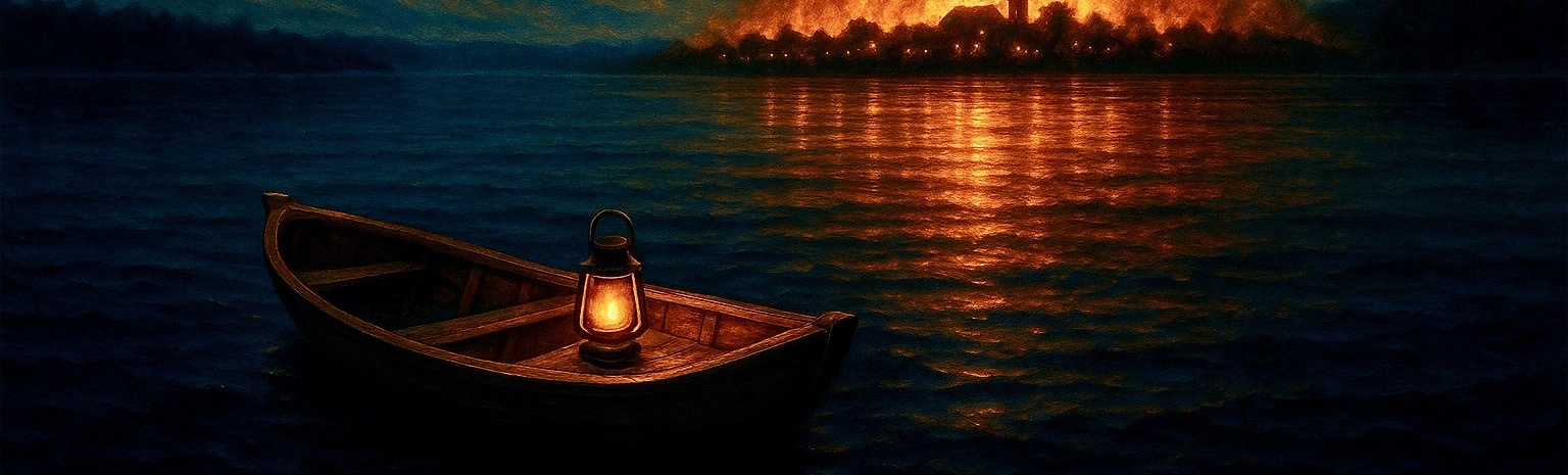 Glowing lantern in an empty boat