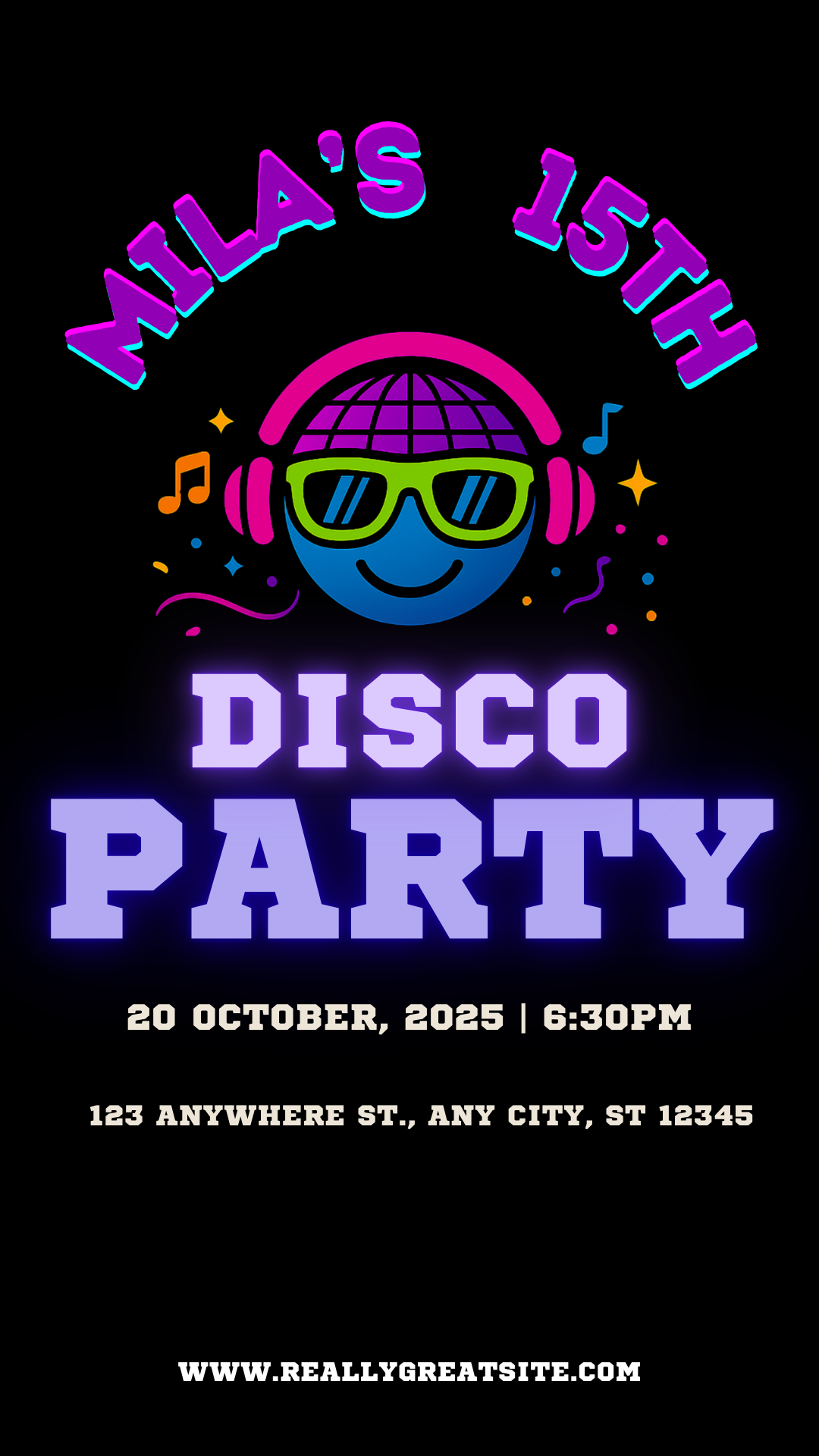 “Free FunkFactory disco party invitation with neon DJ logo, colorful music notes, and event details in bright retro style.”