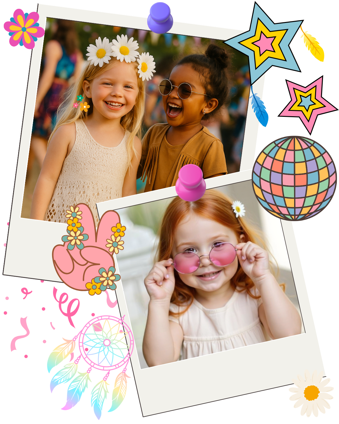 “FunkFactory Music Festival kids party package with boho Coachella style, flower crowns, dreamcatchers, and disco vibes.”
