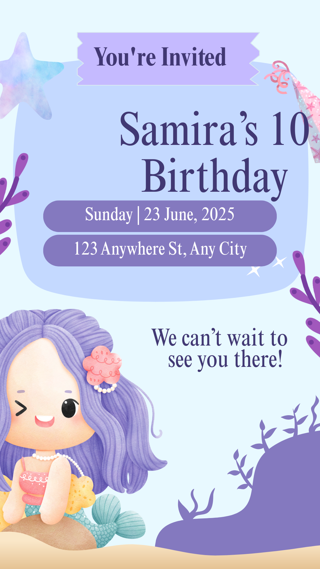 “Free FunkFactory digital birthday invitation with mermaid disco theme, featuring cute cartoon mermaid, pastel ocean design, and under-the-sea party style.”
