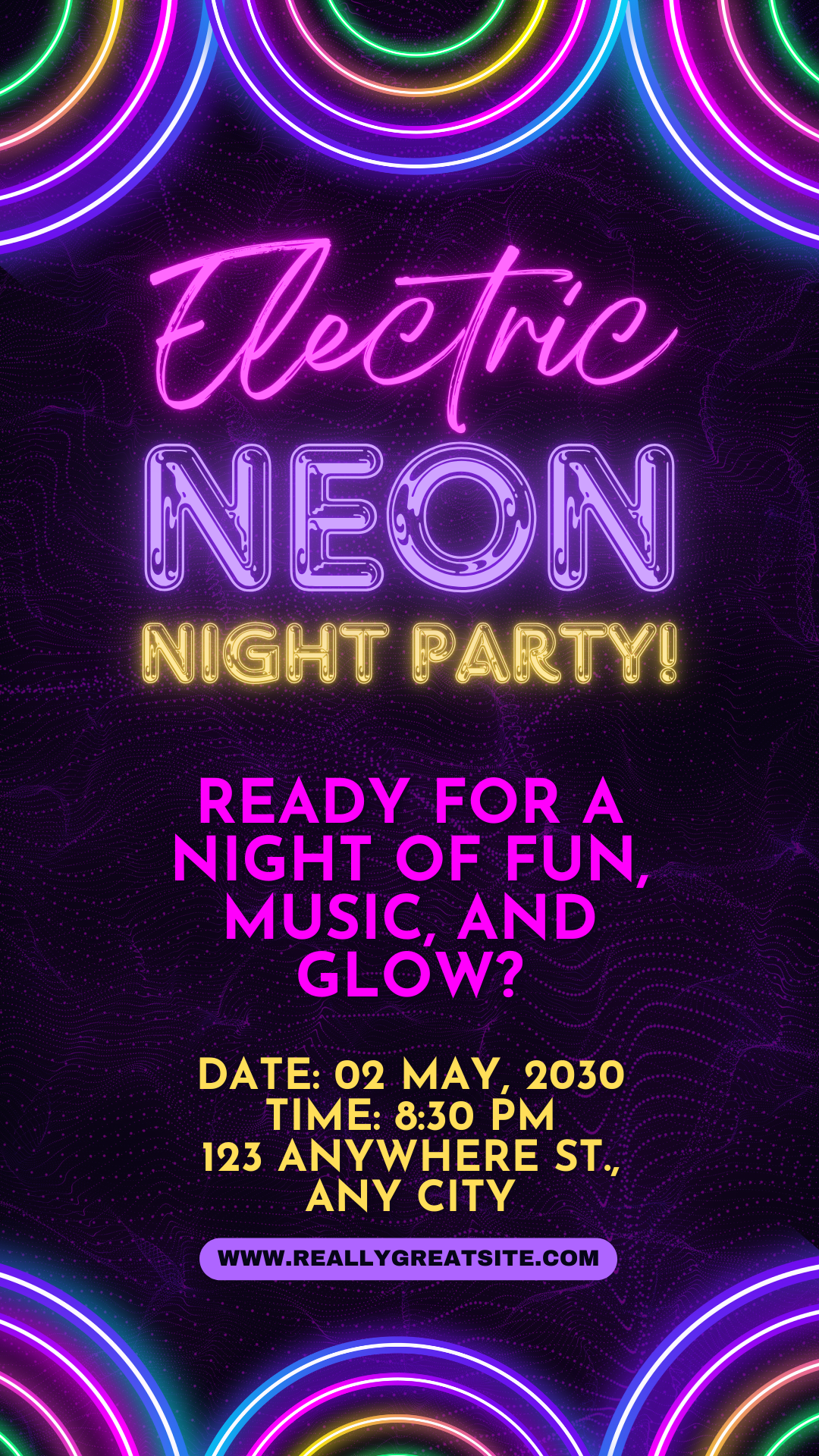“Free FunkFactory electric neon disco party invitation with glowing lights, bold colors, and lumo night party theme.”