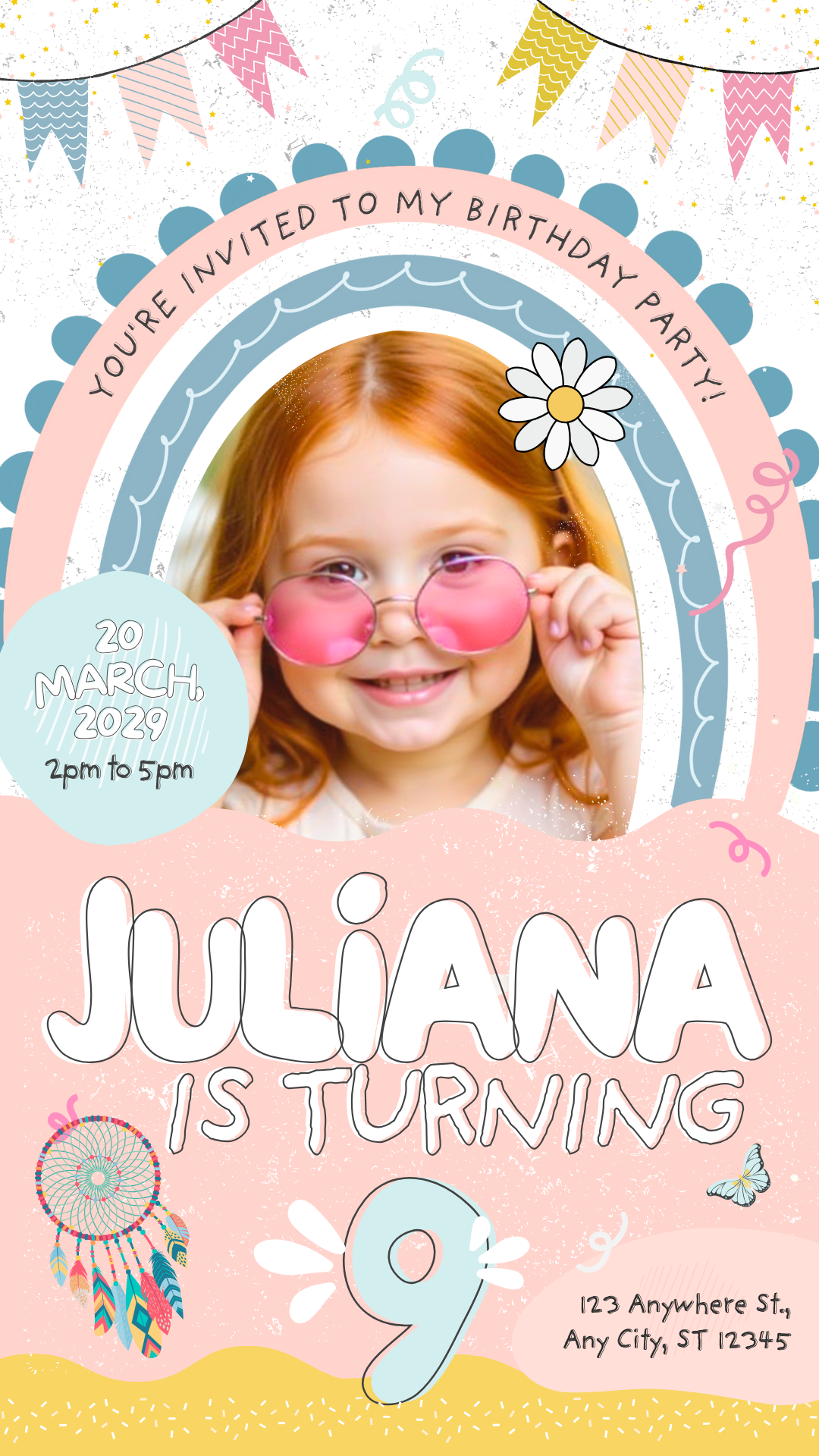 “Free FunkFactory digital birthday invitation for girls with Coachella boho theme, rainbow pastels, dreamcatcher, and floral festival design.”