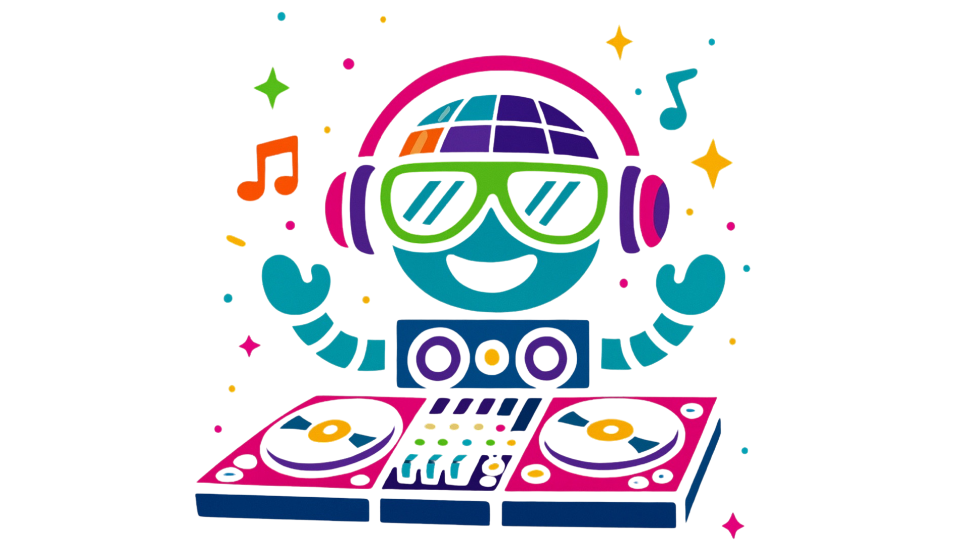 “FunkFactory DJ logo with neon robot DJ at turntables, music notes, and confetti – Johannesburg kids disco party brand.”
