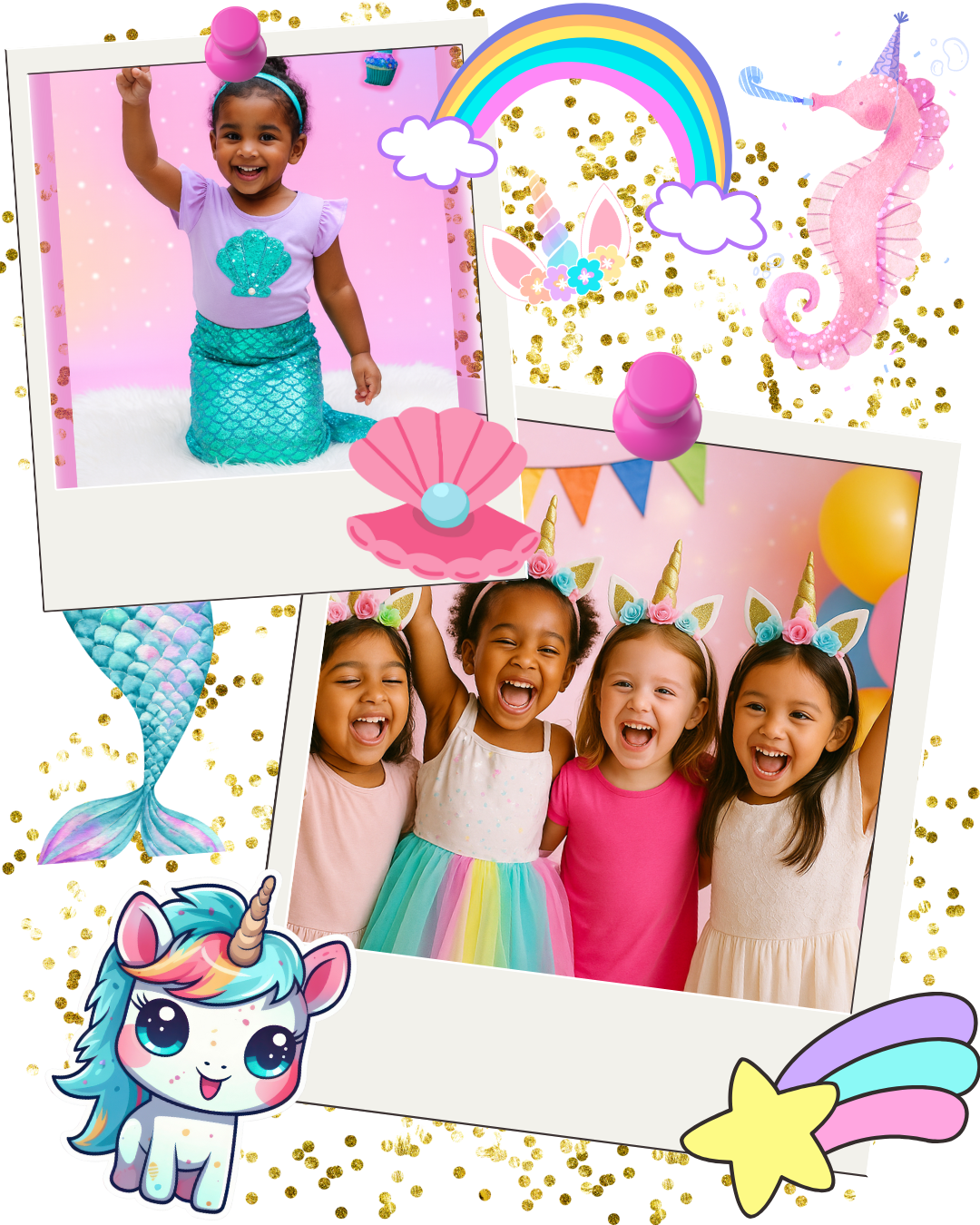 “FunkFactory Disco Diva girls party themes with mermaid, unicorn, and rainbow dress-up fun, colorful décor, and glitter celebration.”