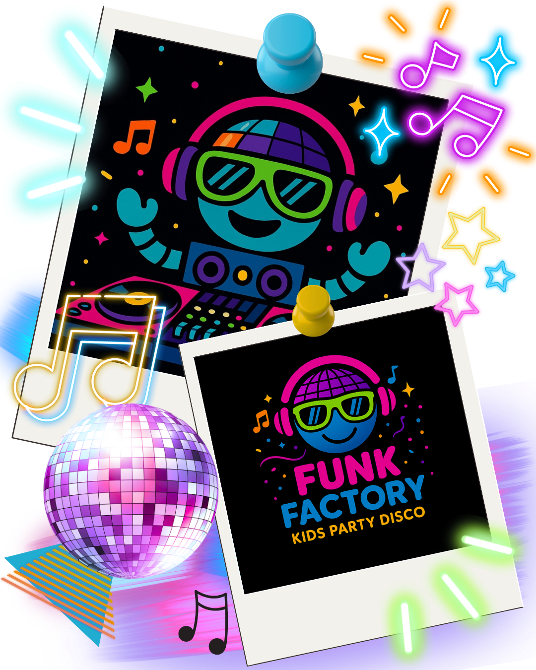 “FunkFactory OG Disco Party package with DJ, disco ball, colorful lights, and dancing kids.”