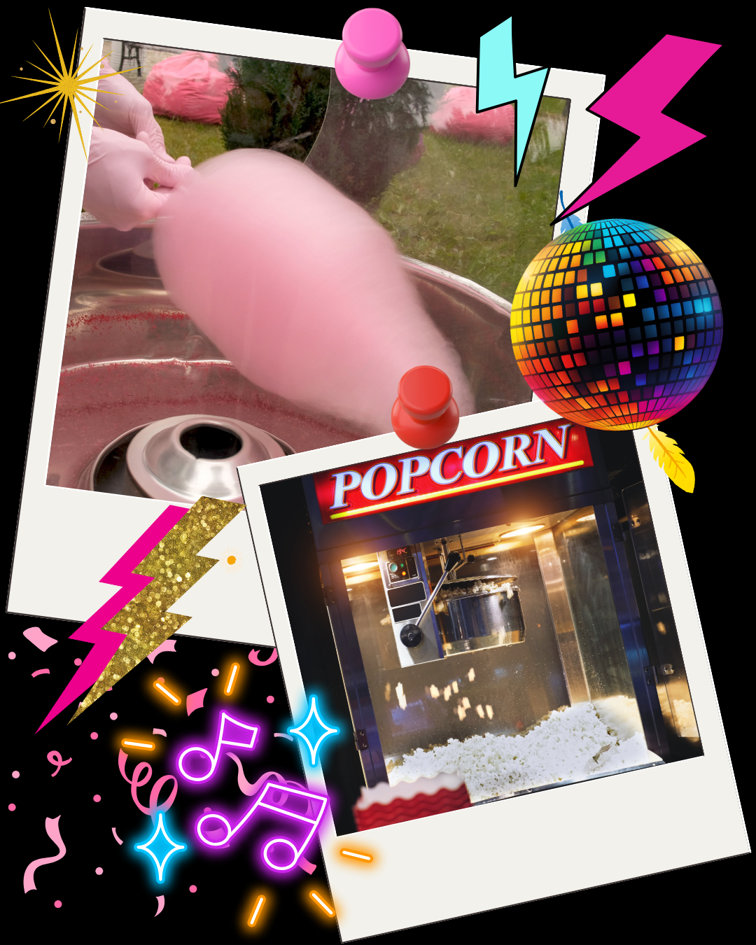 “FunkFactory party add-ons including candy floss machine, popcorn maker, 360° camera, and fun extras to customize kids disco parties.