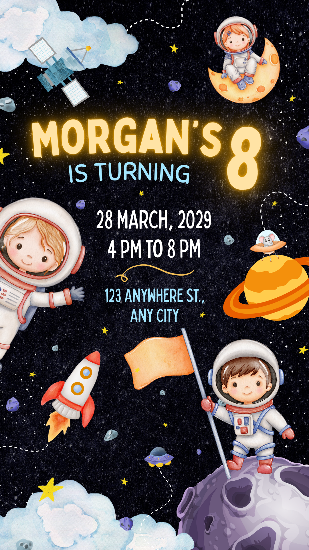 “Free FunkFactory digital birthday invitation with space theme for boys or girls, featuring astronauts, rockets, planets, and star