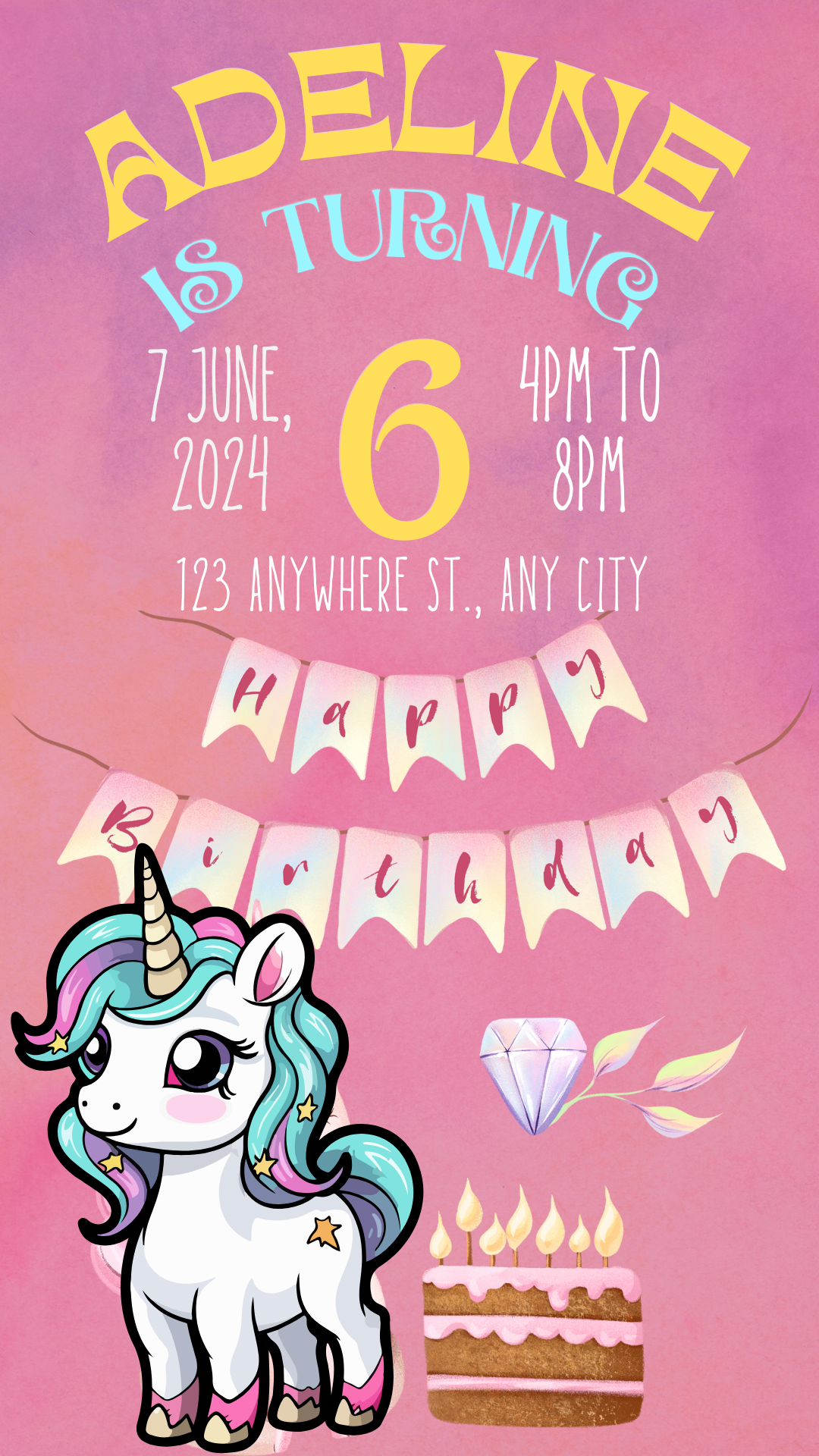 “Free FunkFactory digital birthday invitation with unicorn theme for girls, featuring pastel pink background, rainbow mane unicorn, and birthday cake design.”