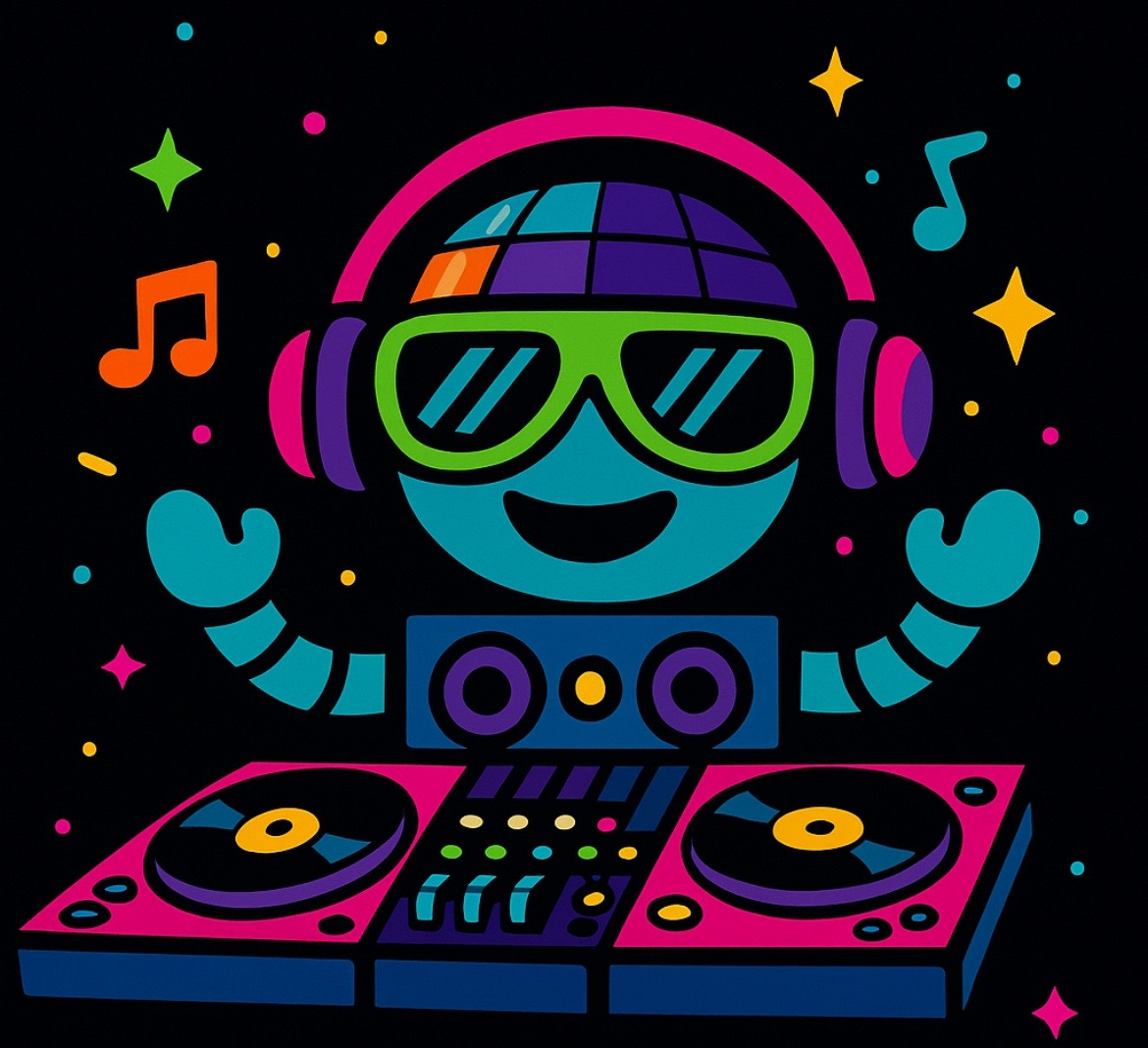 “FunkFactory age-appropriate DJ mascot spinning disco tunes with neon robot design, headphones, and turntables.”