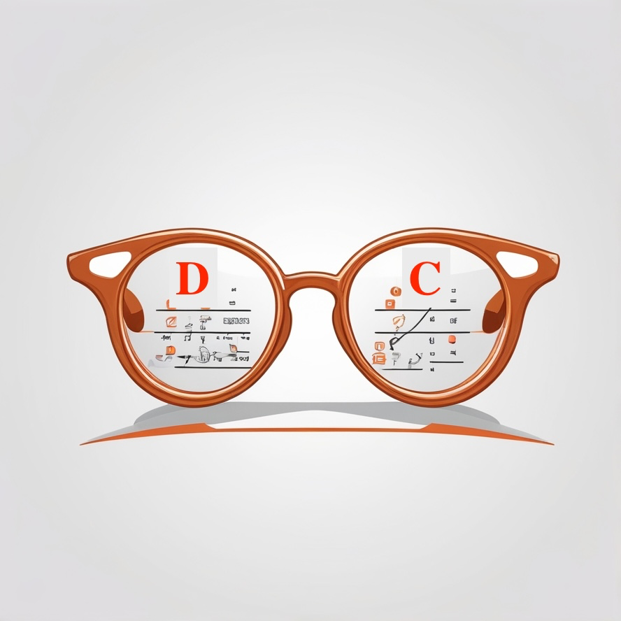 Image of a pair of eye glasses with the letter D on one lens and the letter C on the other