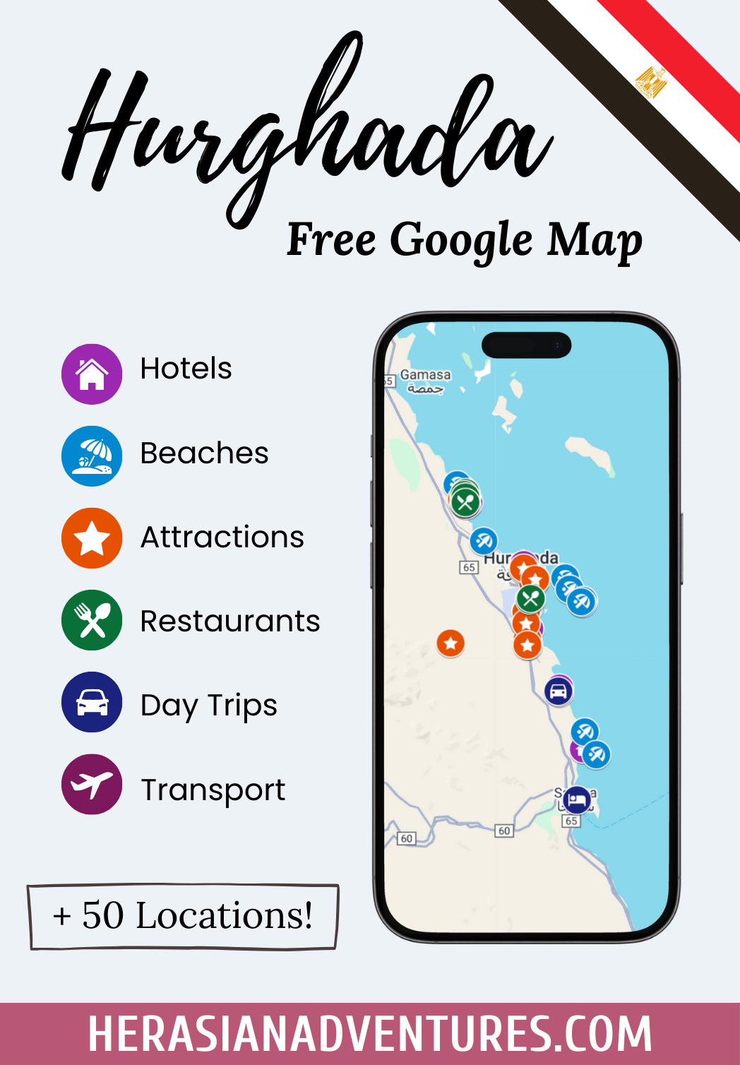 Free Hurghada Travel Map showing hotels, beaches, attractions, restaurants, day trips, and transport pinned on an interactive Google Map for planning a Red Sea getaway.