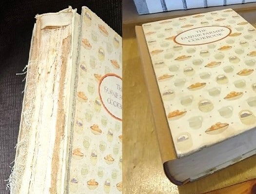 A before and after of a cookbook rebind where the inner spine was strengthened and a new outer spine cover was attached.