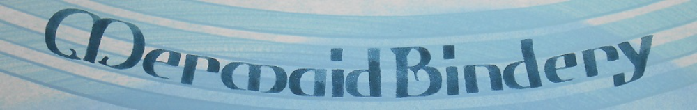 Mermaid Bindery logo, a book bindery in Midcoast Maine where Joelle Webber hand crafts unique books and editions, repairs old books, and builds custom archival boxes to clients specifications. 