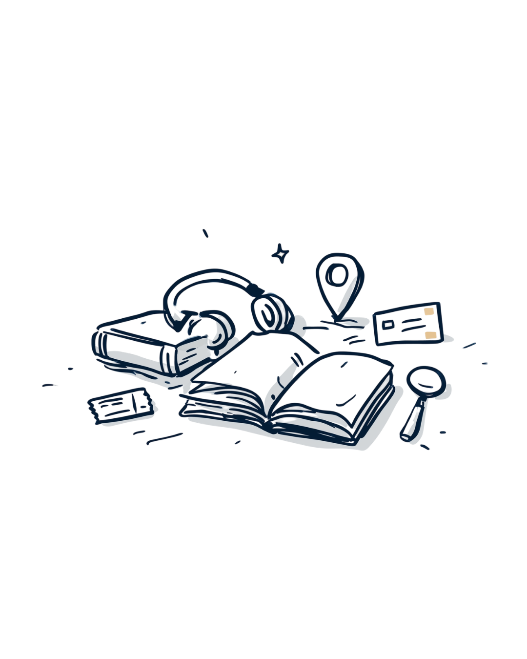 Livro aberto, auscultadores, mapa e lupa
