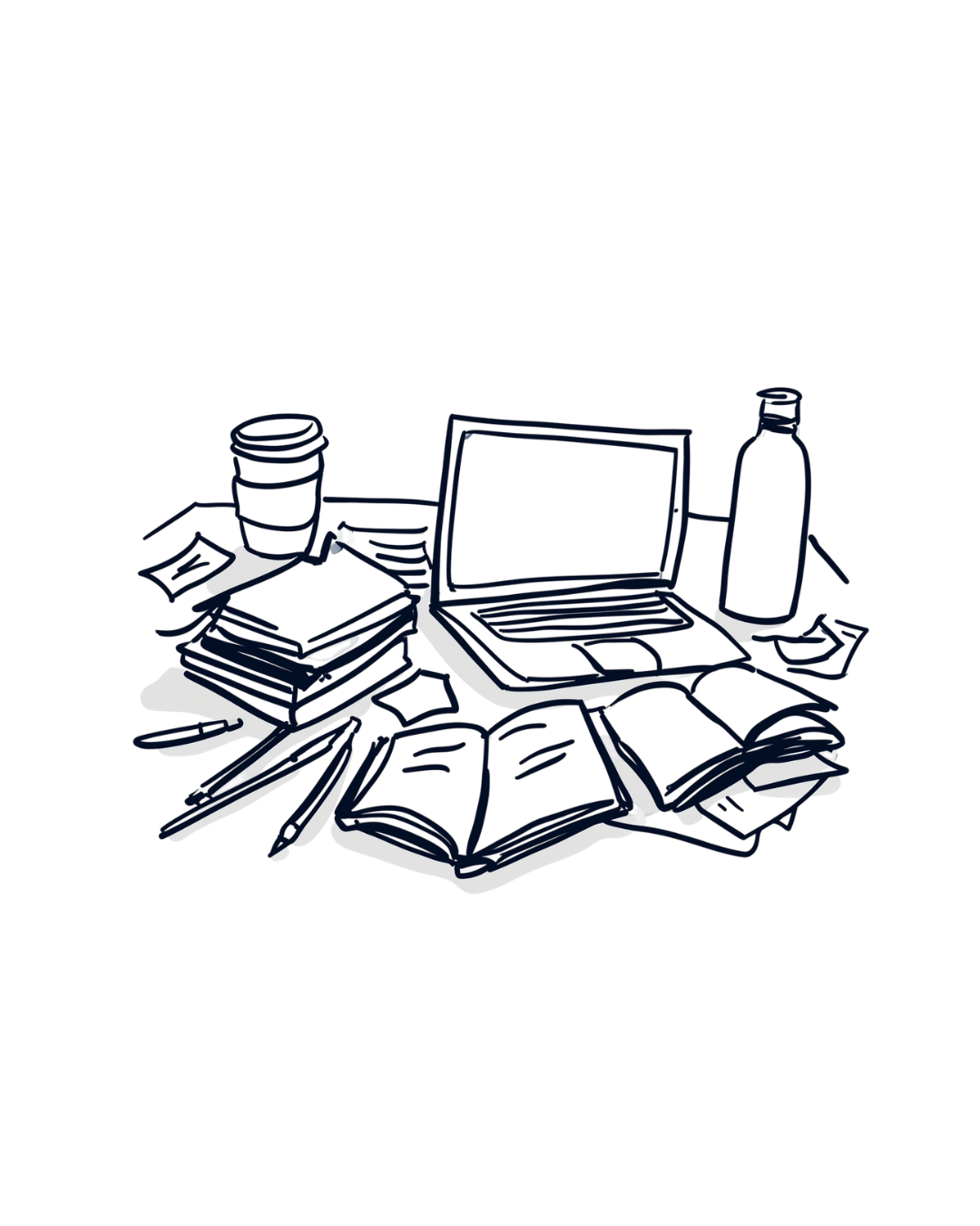 Mesa de trabalho com livros, cadernos e computador