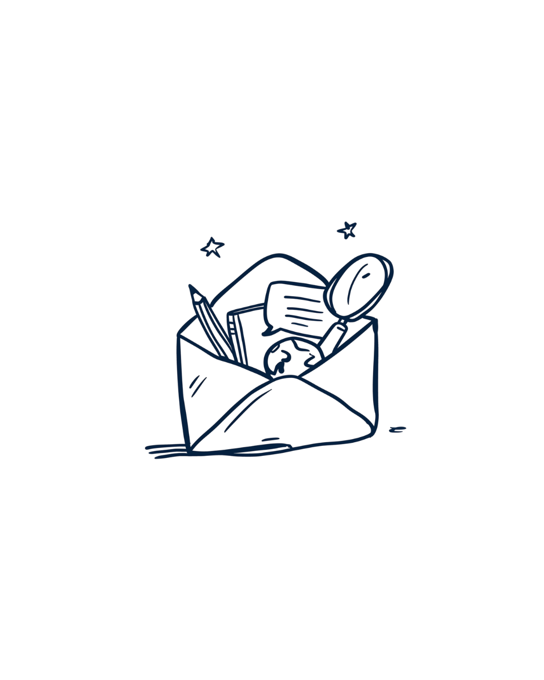 Envelope com lápis, globo e lupa