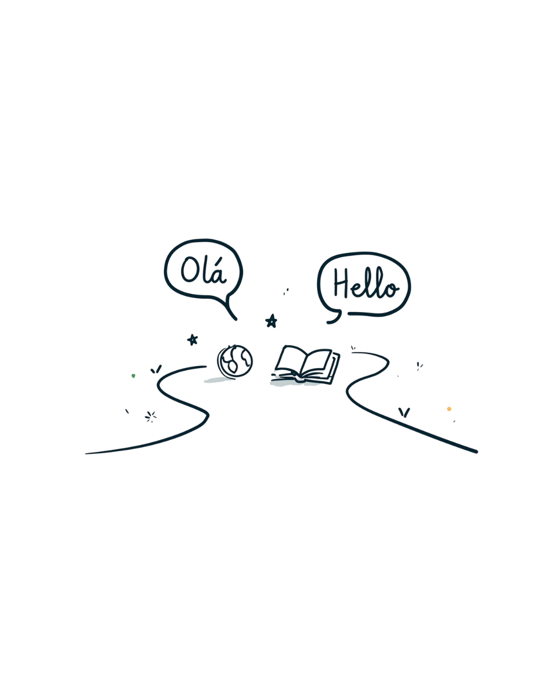 Balões de fala com Olá e Hello, um globo e um livro