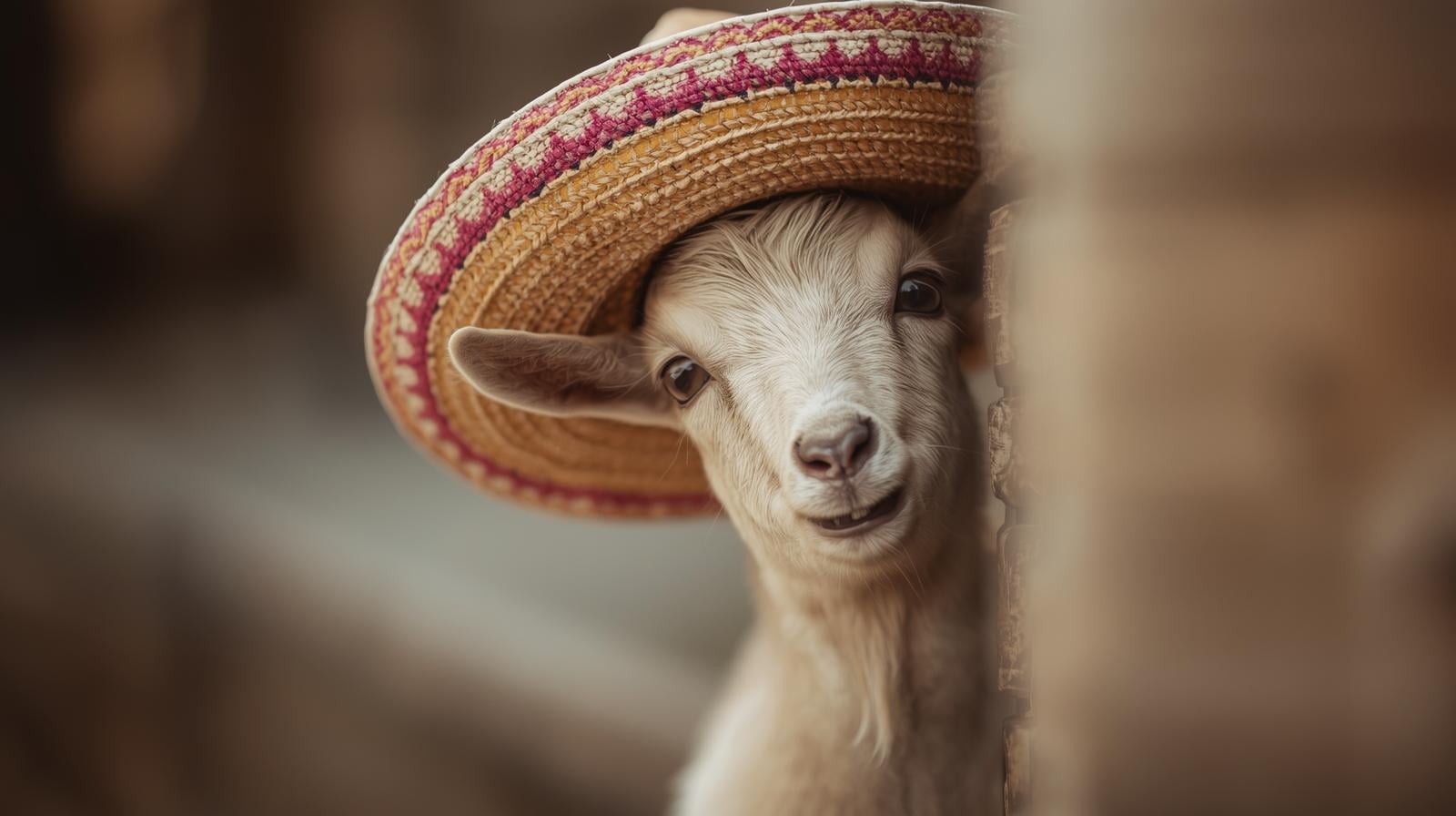 Baby goat peeking around corner with sombero on looking at the camera.