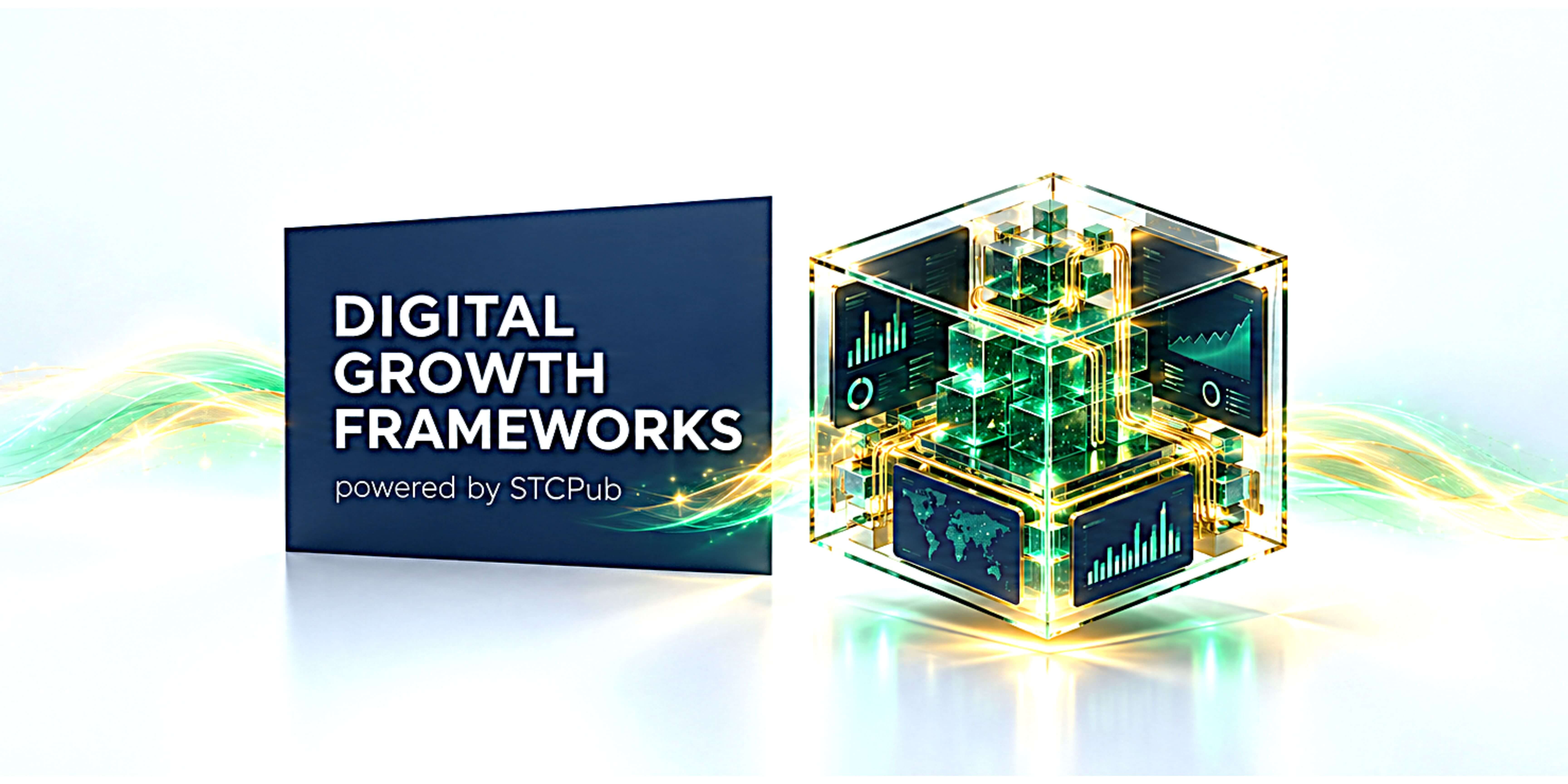 Digital Growth Frameworks, powered by STCPub, banner with an emerald and gold glass cube displaying digital dashboards.