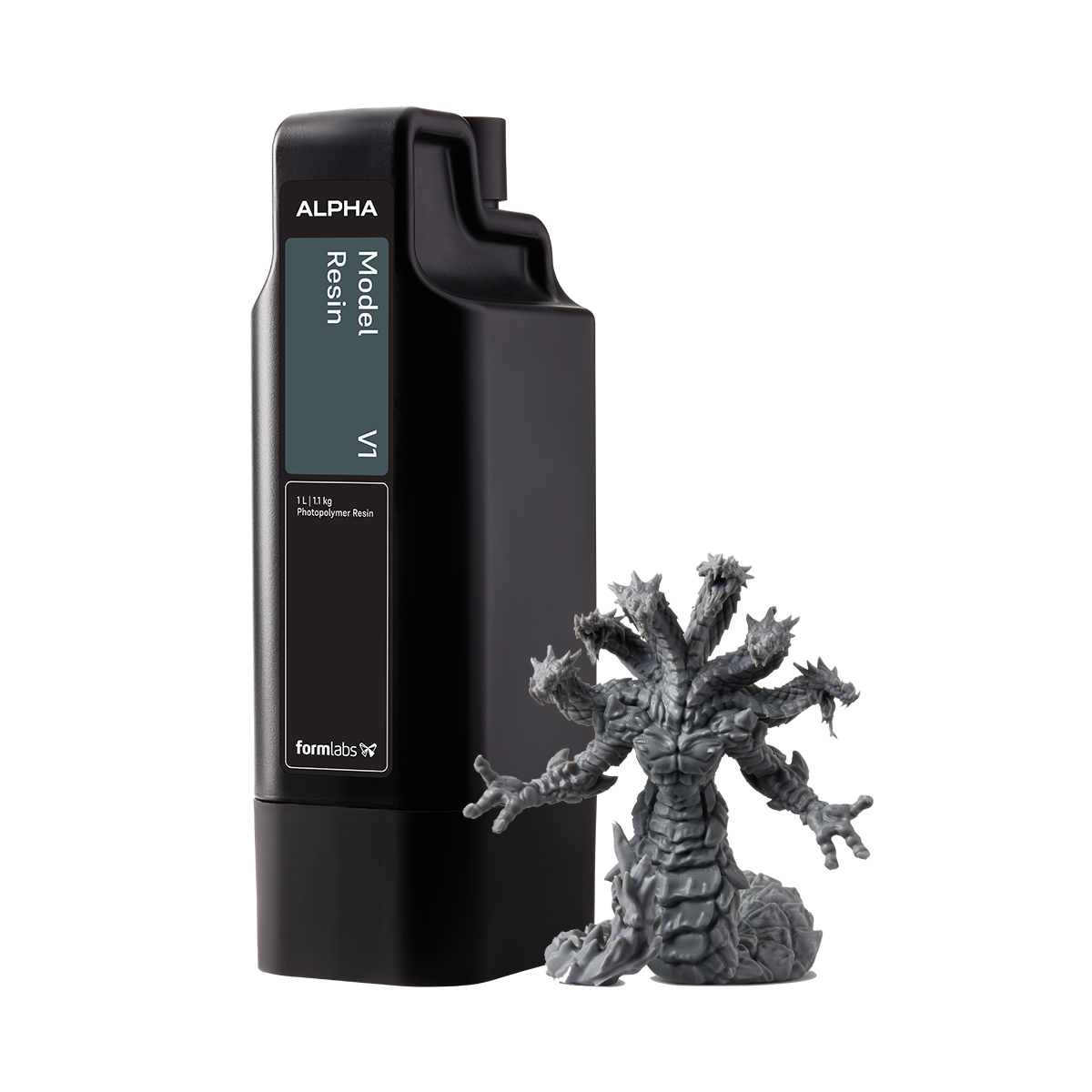 A resin printed Hydra Dragon beside a carton of Alpha Model Resin V1