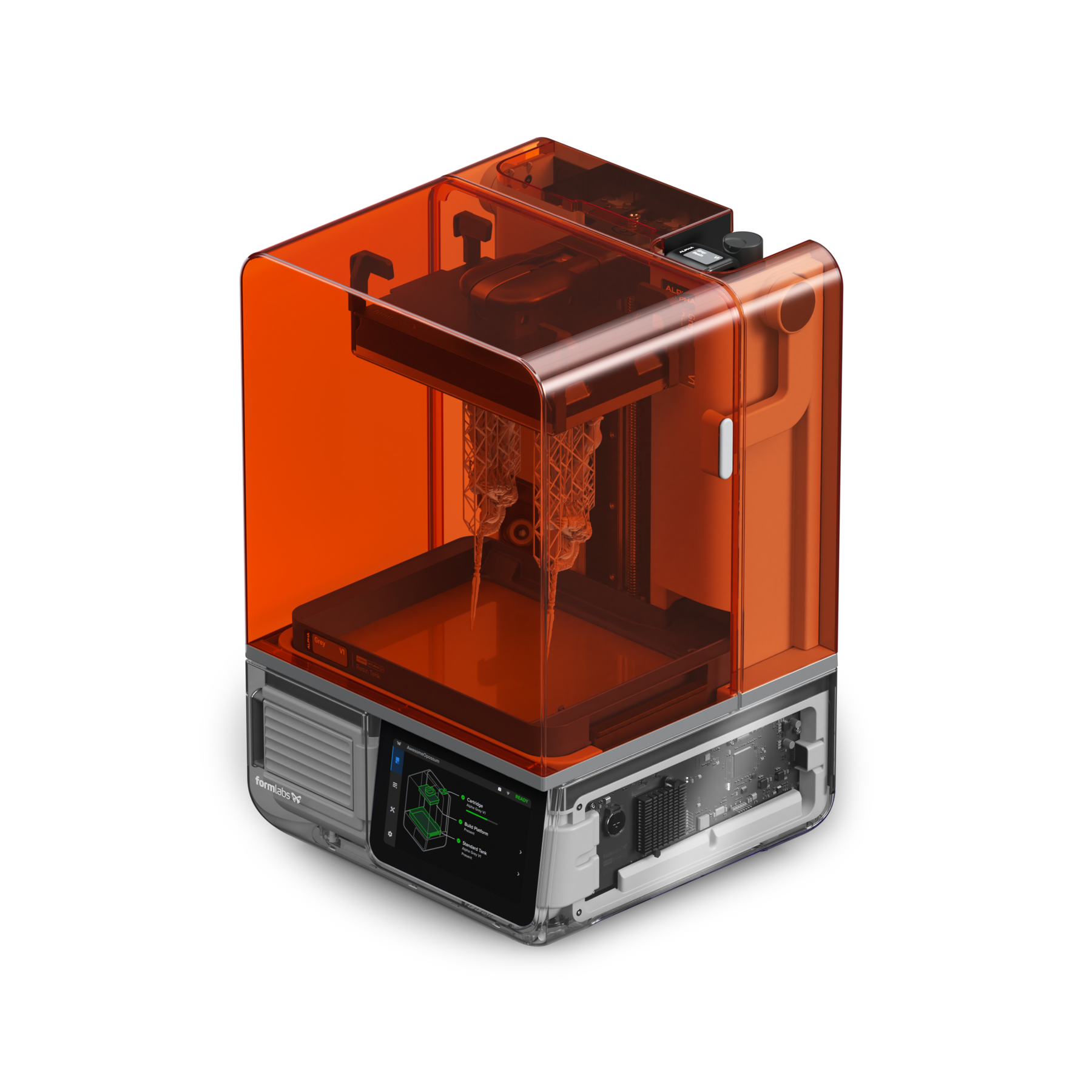 An arial shot of the Formlabs Form Studio 1 printer. Iconic orange transparent top cover with clear see through side paneling.