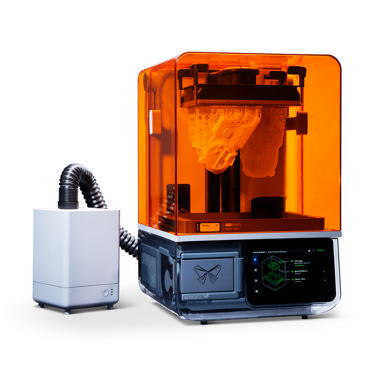 The Form Studio printer connected to the VOC Extractor: a small profile filtration device.