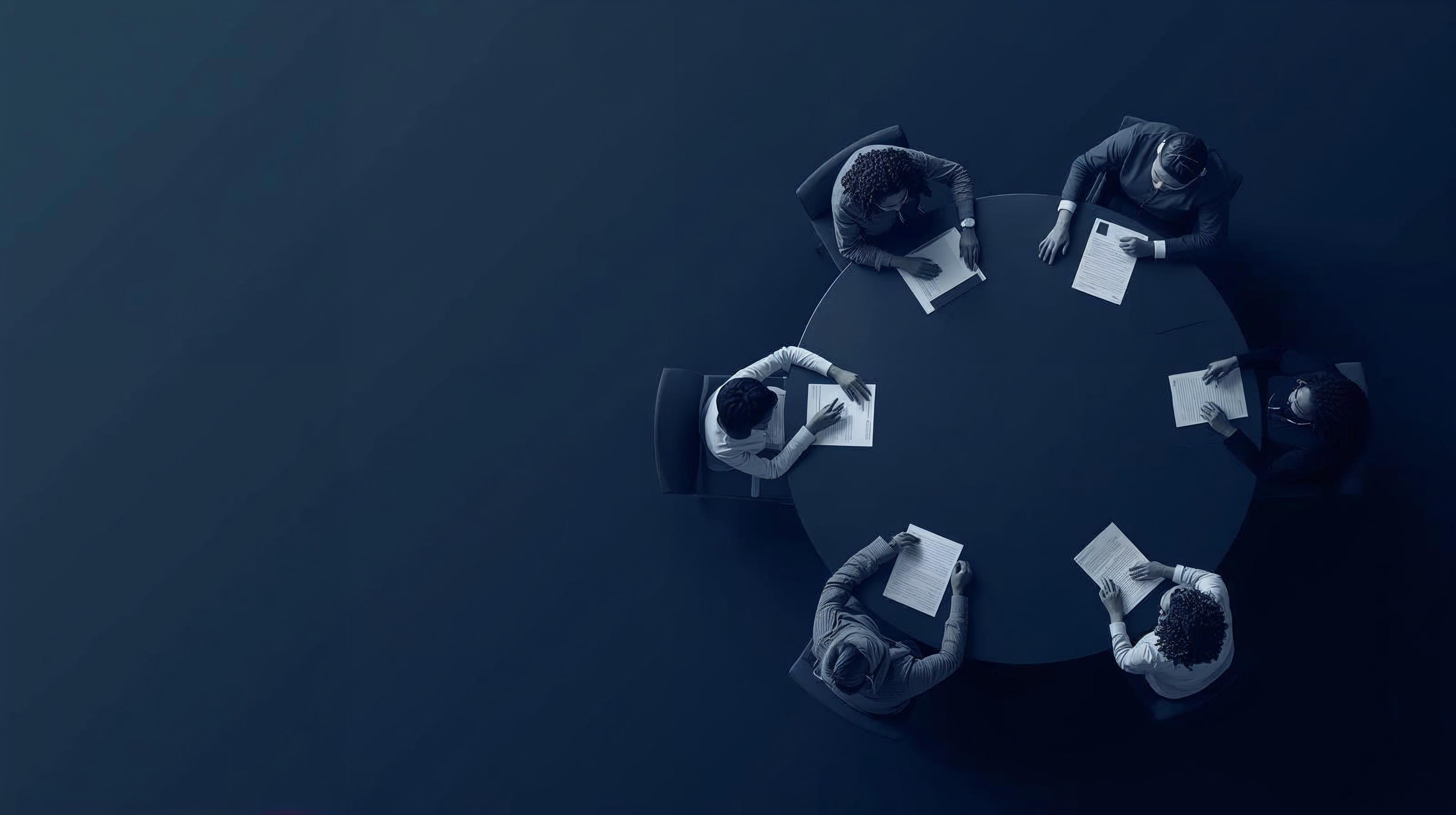 A large round table fills most of the space. Around the table sit six people. Each person has their own documents and folders in front of them and is looking down at the papers or slightly toward others, never toward the viewer.