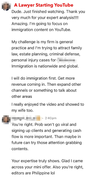 Messages from a lawyer after watching his channel audit: thank you for your expert analysis, I'm going to focus on immigration content
