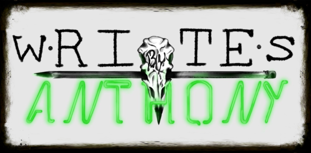 ID: A raven skull with a pencil through it. Text reads "Writes by Anthony" with emphasis made to make writes look like rites.