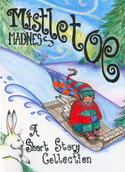 children's book cover with elf in red coat sledding down a snowy hill