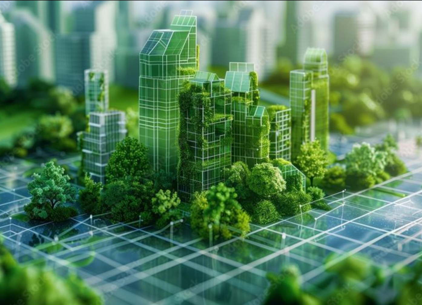 A group of high-rise buildings with vegetation showing eco-friendly growth