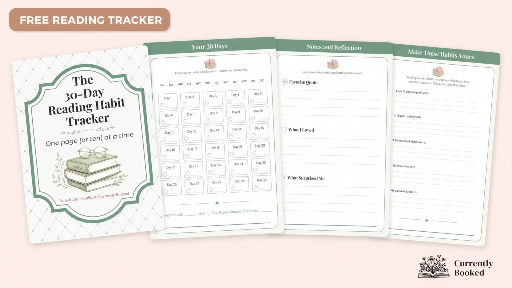 "Preview of the free Audiobook Starter Kit from Currently Booked, showing three planner pages fanned out — a teal cover page, a coral August monthly listening log, and a wishlist page titled Next Up on My Listening List — on a blush pink background with a 'Free Starter Kit' badge."
