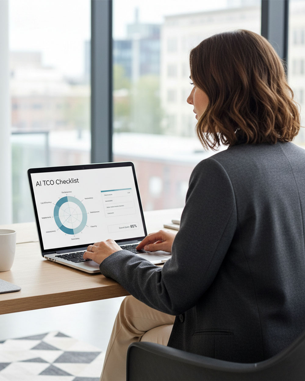 A high-resolution cinematic shot taken over the shoulder of a businesswoman sitting at a clean Scandinavian-style desk in a modern office with natural light. On her laptop screen, a clean and elegant dashboard shows “AI TCO Checklist” with a subtle radar-style score graphic in cool blue and grey tones. The atmosphere feels analytical yet calm — minimalist Nordic design, matte surfaces, soft daylight, quiet confidence. Focus depth emphasizes the screen, with slight bokeh on background glass walls.