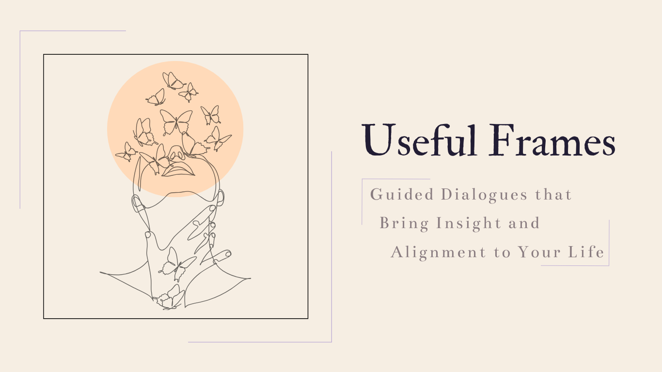 Useful Frames Logo, Figure of Woman Holding Throat Looking Up and Butterflies Flying around her face