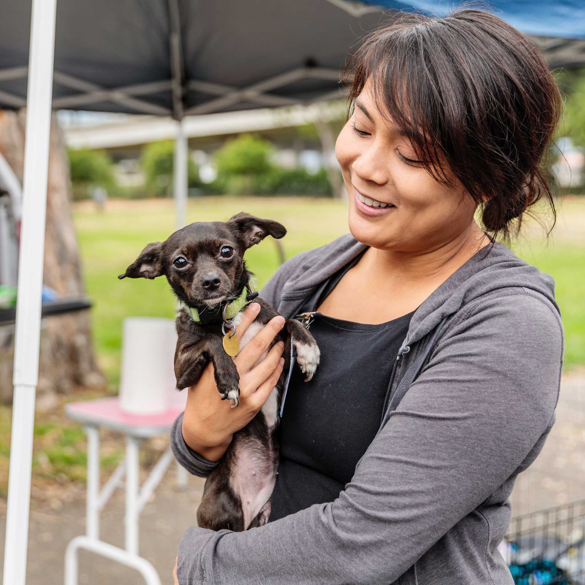 A HAPI volunteer cradles a small dog in her arms. The dog is black with white belly and paw tips, and is gazing at the camera with soft big eyes. The volunteer is a young woman wearing a black shirt and grey hoodie, with dark hair swept back across her face.