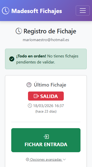 Pantalla móvil de fichaje de Madesoft