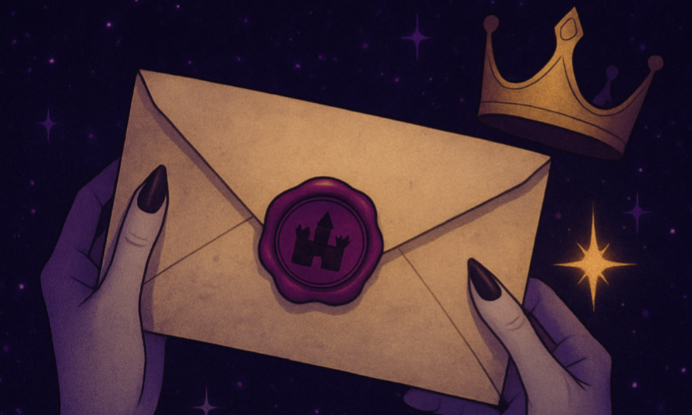 Digital illustration of a cosmic secret order invitation, featuring a magenta and gold scroll with a wax seal, celestial stars, mystical symbols, and a glowing castle crest—blending witchy, royal, and rebellious branding for a Fierce & Free Revolution newsletter sign-up.
