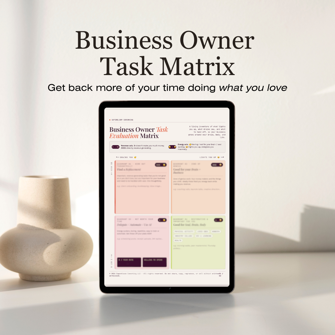 Text: Business owner task matrix. Get back more of your time doing what you love. Image: ipad with free download depicted, neutral background, and beige vase.